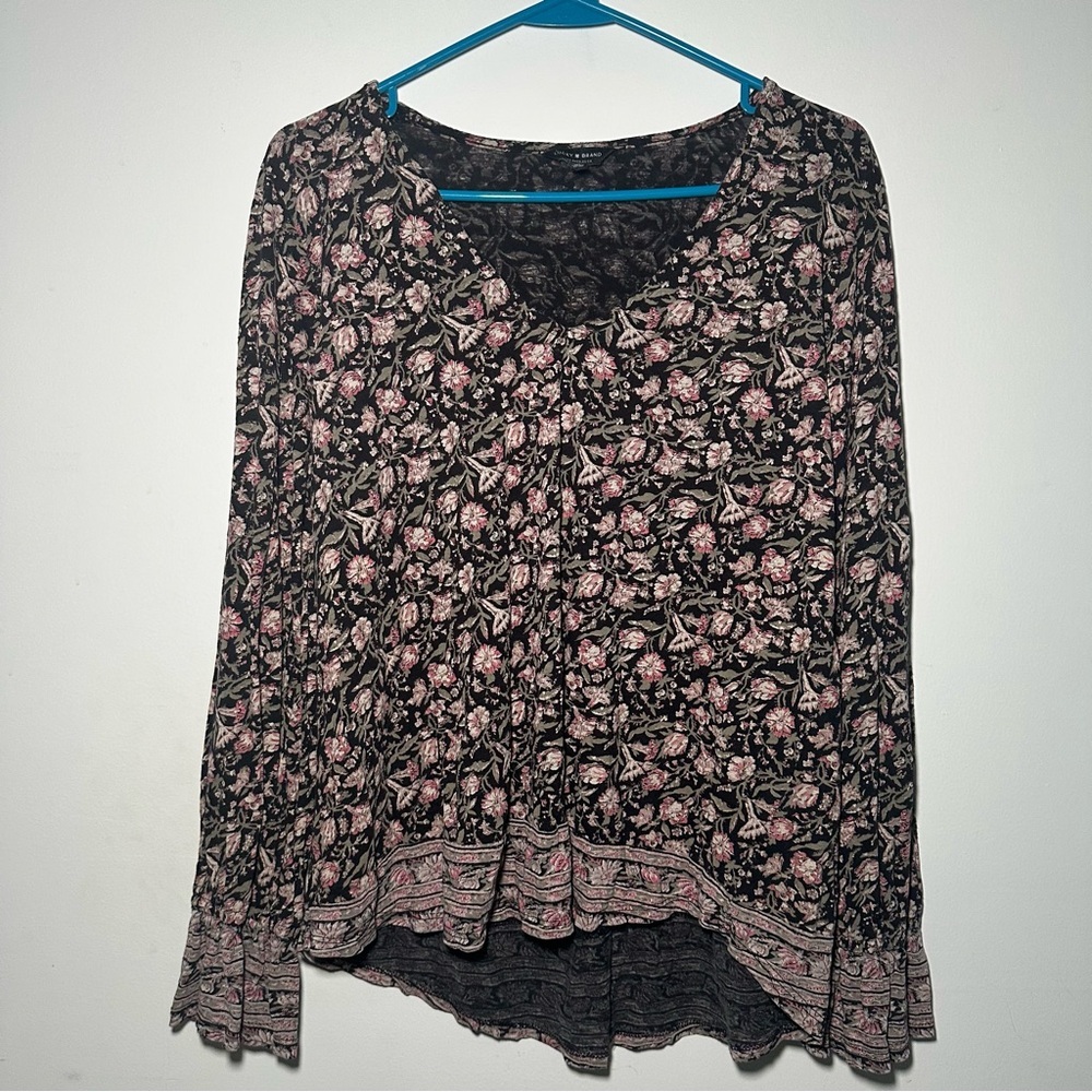 Lucky Brand Boho Floral High Low Hem V Neck Long Sleeve Blouse Large
